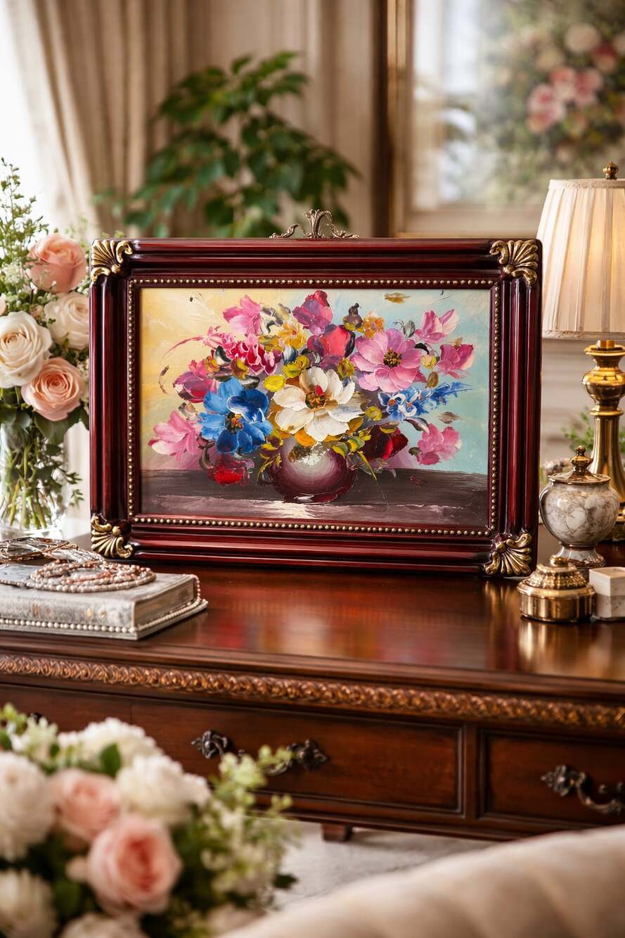 Impasto style Floral Oil Painting in Red and Gold Frame